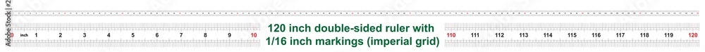 120 inch double-sided ruler. Marking accuracy is one sixteenth of an inch. Imperial grid. 120 inch double-sided ruler. Marking accuracy is one sixteenth of an inch. Imperial grid.