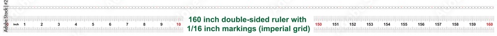 160 inch double-sided ruler. Marking accuracy is one sixteenth of an inch. Imperial grid. 160 inch double-sided ruler. Marking accuracy is one sixteenth of an inch. Imperial grid.