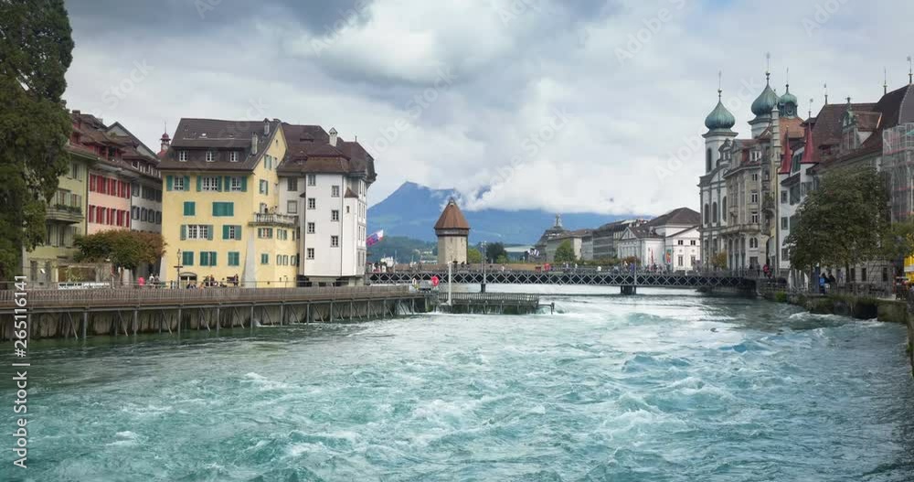 Jesuit church and Reuss river in Luzern, Switzerland.