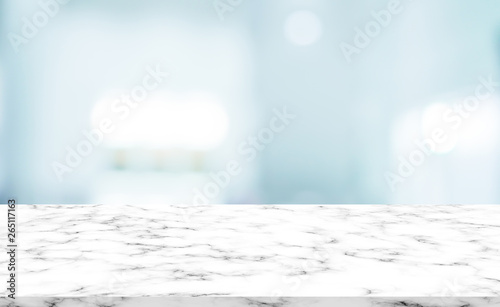 abstract blurred modern interior bathroom background with white marble pattern tabletop for show,ads,design product on display concept	 photo