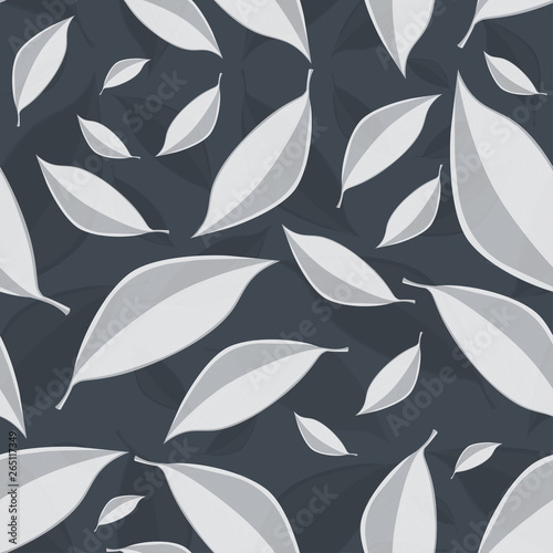 Vector seamless texture with silver leaves on a dark-grey background