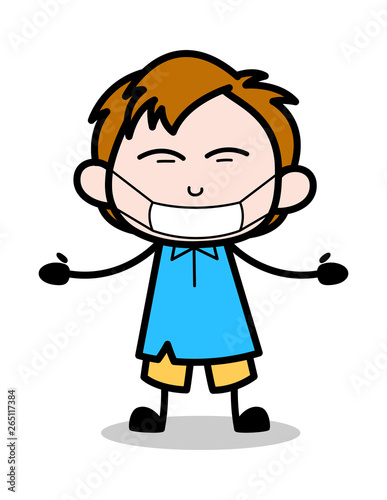 Medical Mask on face - School Boy Cartoon Character Vector Illustration