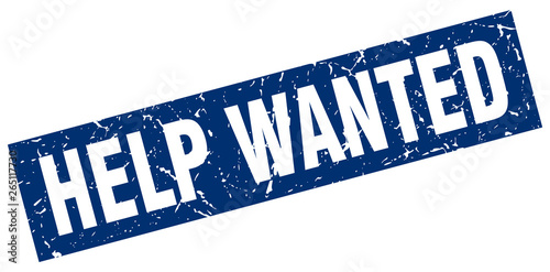 square grunge blue help wanted stamp