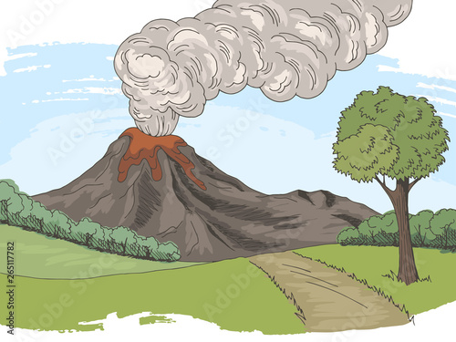 Volcano mountain hill road graphic color sketch landscape illustration vector