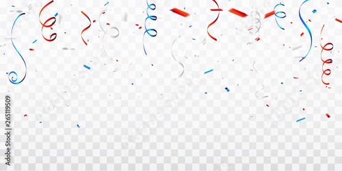 Celebration background template with confetti and red and blue ribbons. 4th of July American Happy Independence Day design concept with scatter papers,