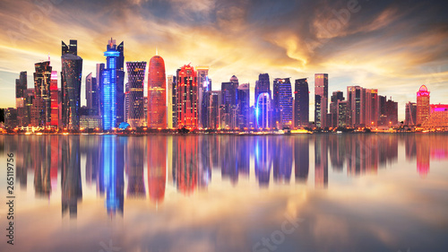 Skyline of modern city of Doha in Qatar  Middle East. - Doha s Corniche in West Bay  Doha  Qatar