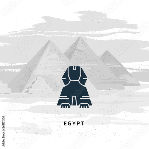 Vector icon of Great Sphinx of Giza isolated on the hand-drawn vector illustration of the pyramids of Egypt.