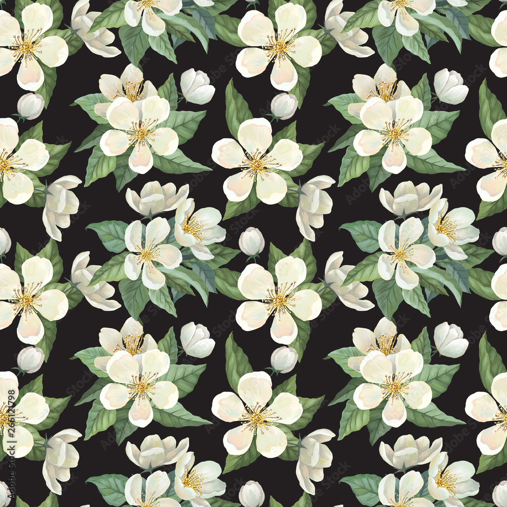 Seamless pattern with white watercolor flowers, green leaves