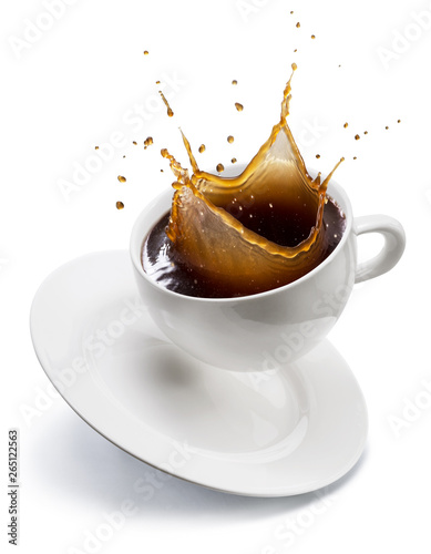 Splash of coffee in a form of crown in a white coffee cup. Clipping path.