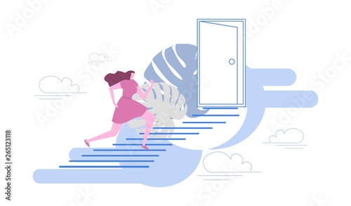 Woman climbs the ladder of success. The struggle for equality, for freedom. Flat style. Vector.