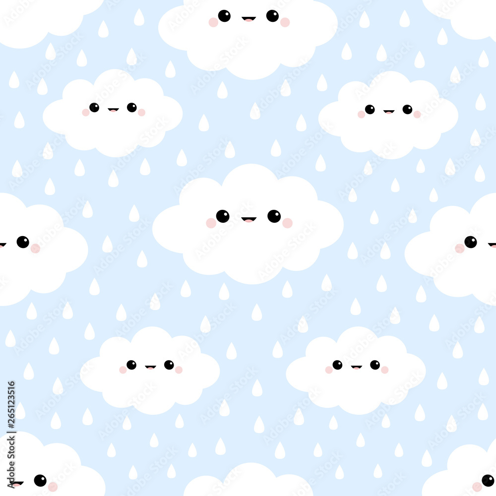 Cloud in the sky. Rain drop. Seamless Pattern. Cute cartoon kawaii funny smiling baby character. Wrapping paper, textile template. Nursery decoration. Blue background. Flat design. Cloud in the sky. Rain drop. Seamless Pattern. Cute cartoon kawaii funny smiling baby character. Wrapping paper, textile template. Nursery decoration. Blue background. Flat design.