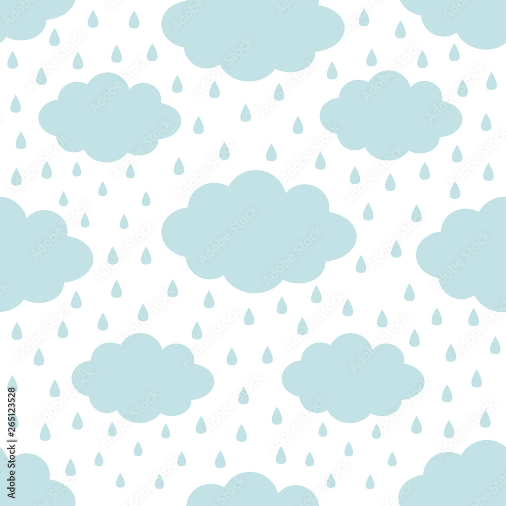 Seamless Pattern. Blue cloud in the sky. Rain drop. Cute cartoon kawaii funny baby kids decor. Wrapping paper, textile template. Nursery decoration. White background. Flat design.