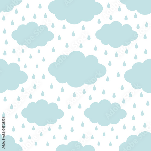 Seamless Pattern. Blue cloud in the sky. Rain drop. Cute cartoon kawaii funny baby kids decor. Wrapping paper, textile template. Nursery decoration. White background. Flat design.
