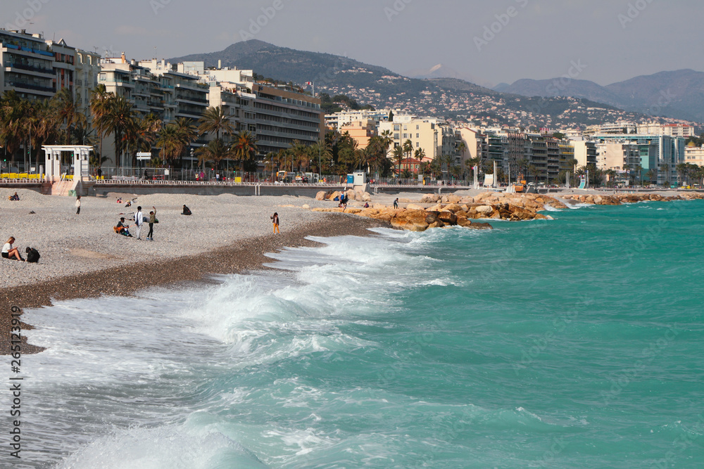 Fototapeta premium City and beach on bank of sea gulf. Nice, France