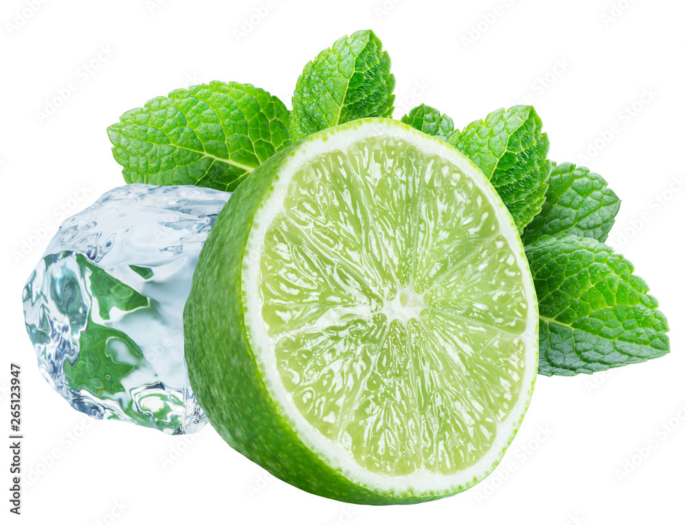 Obraz Ripe lime slice, ice cube and mint leaves on white background. Clipping path.