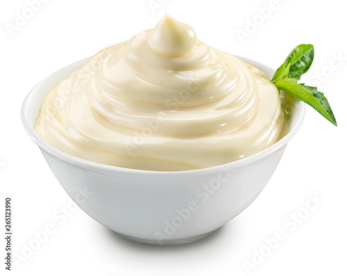 Mayonnaise swirl in white bowl. Clipping path.