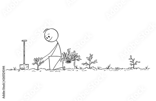 Cartoon stick figure drawing conceptual illustration of man planting small trees as forest for future, nature, environmental and ecology concept.