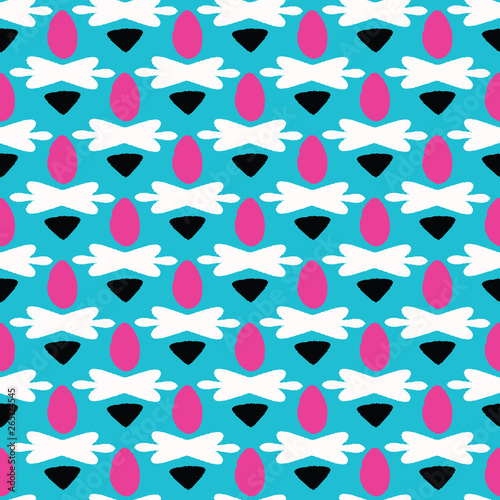 Geometric retron shape seamless pattern. All over print vector background. Summer 1950s ornamental fashion style. Trendy pink, teal, black wallpaper, vintage home decor. Hand drawn fun textile fabric  photo