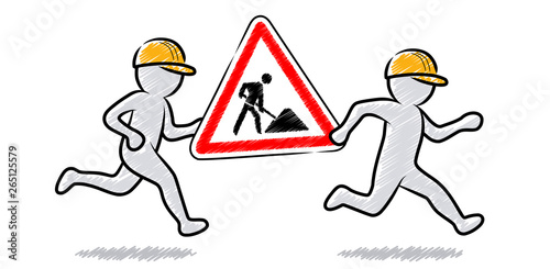 Zwei Bauarbeiter Tragen Laufend Ein Baustellenschild Graue Strichmannchen Schraffierte Vektor Zeichnung Stock Vector Adobe Stock