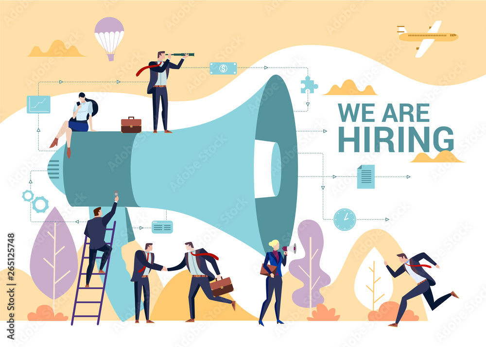 Fototapeta premium Business people shouting on megaphone, with we are hiring word, flat style vector illustration concept.
