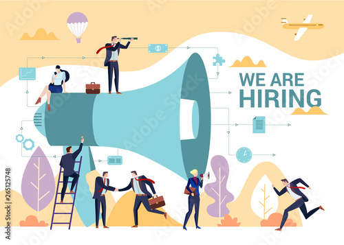 Business people shouting on megaphone  with we are hiring word  flat style vector illustration concept.