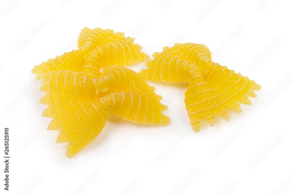 Several uncooked farfalle pasta close-up on a white background Several uncooked farfalle pasta close-up on a white background