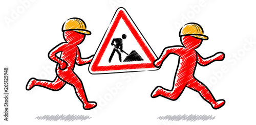 Zwei Bauarbeiter tragen laufend ein rotes Baustellenschild / Rote Strichmännchen / Schraffierte Vektor-Zeichnung