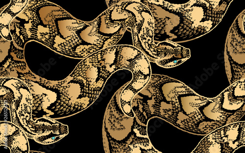 Seamless pattern with Snakes. Gold foil print on black background.