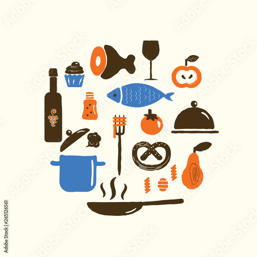 Vector illustration of food and kitchenware in circle. Cooking classes, courses concept.