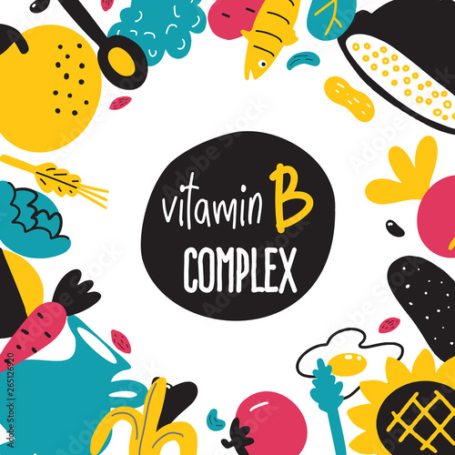 Vitamin B cartoon food illustration. Food ingredients with text space.