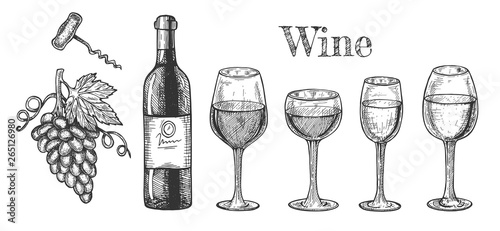 Wine glasses, bottle, grape branch set