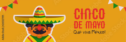 Happy Cinco de Mayo banner of mariachi man