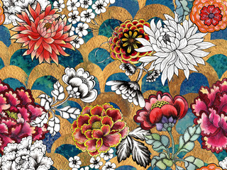 Canvas schilderij Japanse stijl patronen Donkerturquoise schubben met gouden pioenrozen  © Арина Трапезникова