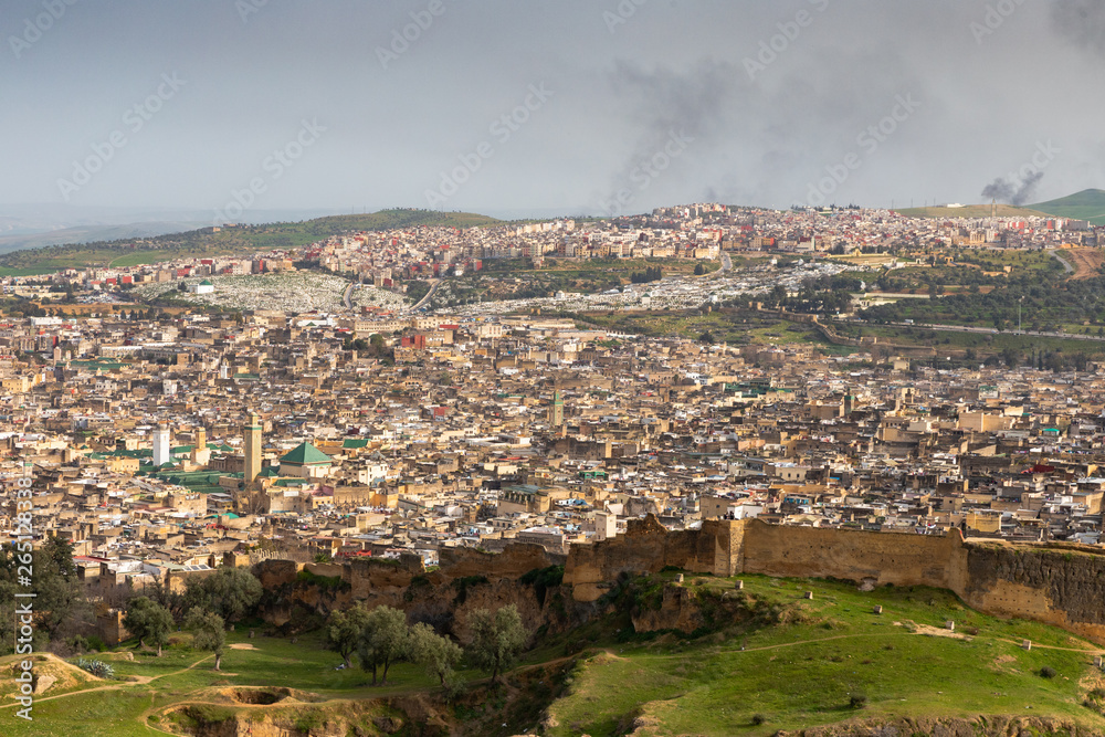 Panoramic view of the city of Fes, Morocco, surrounded by the walls