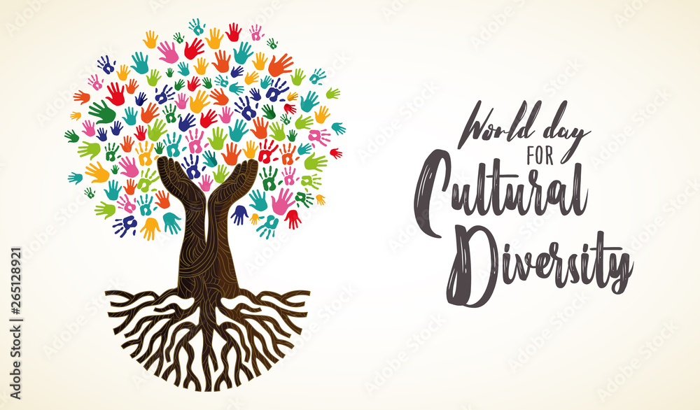 Cultural Diversity Day card of human hand tree - obrazy, fototapety, plakaty 