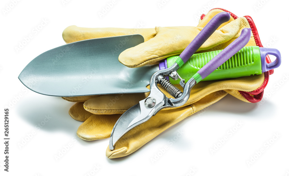 gloves secateurs and hand spade isolated gloves secateurs and hand spade isolated