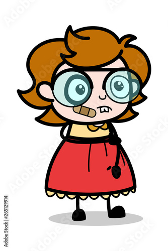 Funny Injured Face - Teenager Cartoon Intelligent Girl Vector Illustration