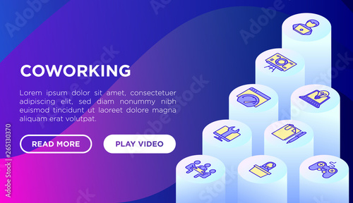 Coworking office web page template with thin line isometric icons: workplace, meeting room, conference hall, parking, reception, legal address, 24 hour access, IT support. Vector illustration.