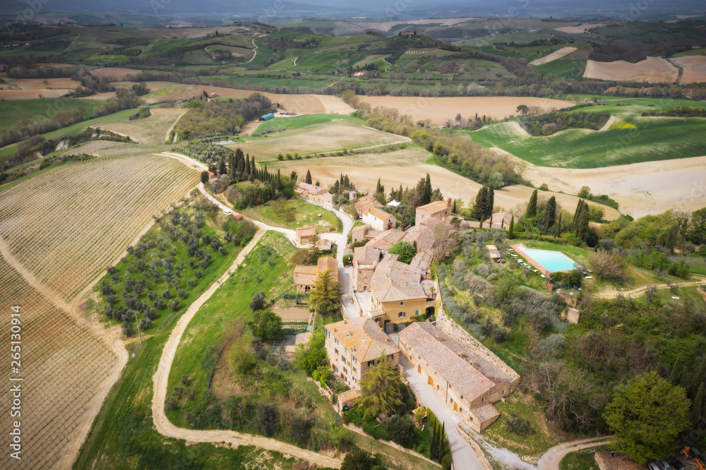 The tiny town of Lucignano d'Asso, taken from above, flying a drone.