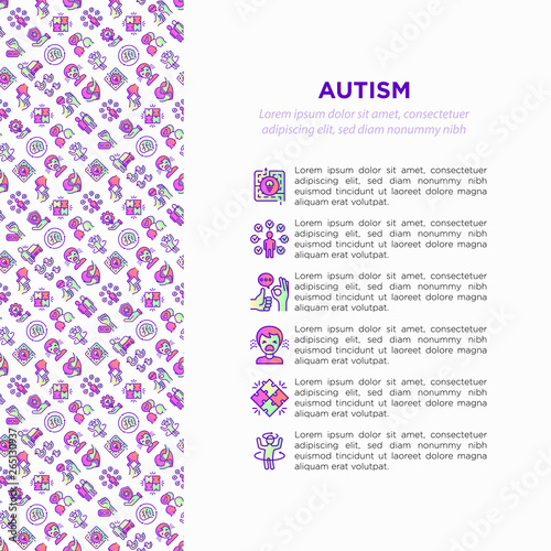 Autism concept, symptoms and adaptive skills thin line icons: repetitive behavior, stereotypy, ignoring of danger, autoaggression, hysterics, communication, social interaction. Vector illustration.