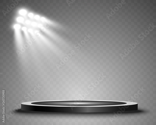 Round podium, pedestal or platform, illuminated by spotlights in the background. Vector illustration. Bright light. Light from above. Advertising place 