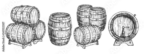 Photographie Wooden beer wine cask or barrels set