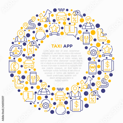 Taxi app concept in circle with thin line icons: payment method, promocode, app settings, info, phone number, location, pointer, airport transfer, baby seat. Vector illustration for print media.