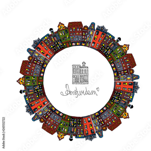 Set Amsterdam old houses cartoon facades. Traditional architecture of Netherlands. Colorful vector illustrations in the Dutch style.