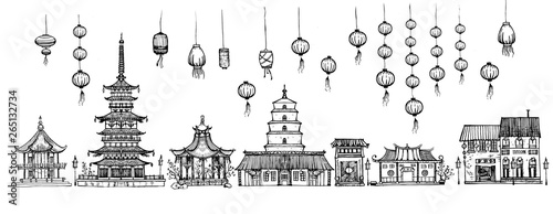 Traditional pagoda and lanterns set