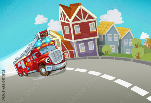 cartoon fire brigade driving through the city - illustration for children © honeyflavour