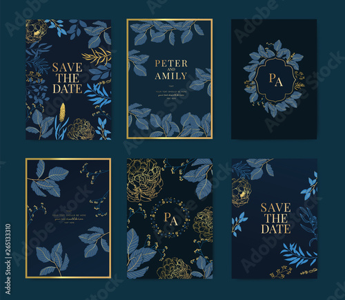 Navy Wedding Invitation, floral invite thank you, rsvp modern card Design in golden and blue leaf greenery  branches decorative Vector elegant rustic template