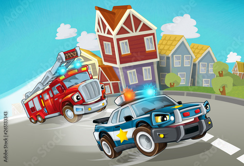 cartoon police and fire brigade driving through the city - illustration for children © honeyflavour