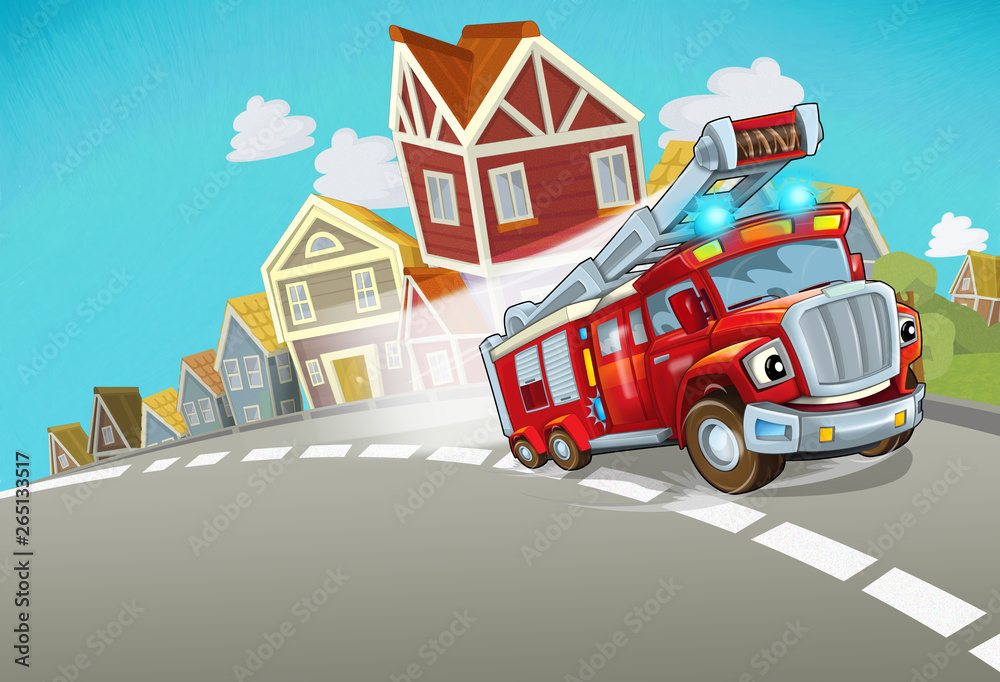 cartoon fire brigade driving through the city - illustration for children