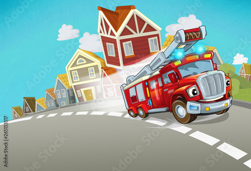 cartoon fire brigade driving through the city - illustration for children © honeyflavour